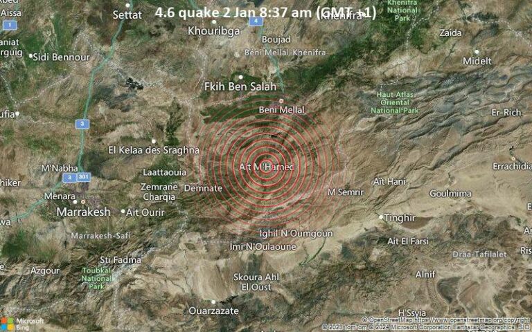 Un séisme modéré de 4,6 frappe près de Beni Mellal, Beni-Mellal, Beni Mellal-Khenifra, Maroc